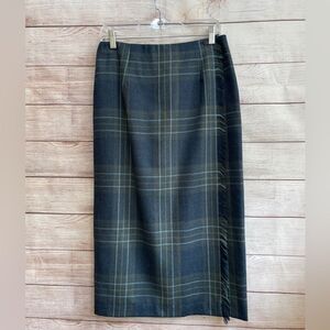 VINTAGE TALBOTS KILT STYLE PLAID WOOL MAXI SKIRT WITH FRINGE